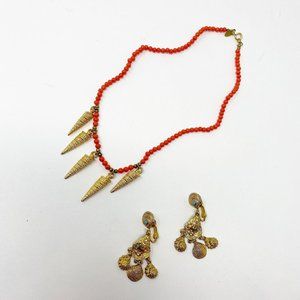 513 Vintage Cadoro faux coral necklace with gold tone shells ART earrings